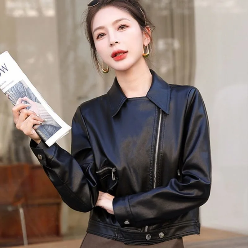 2026 Autumn New Fashion Leather Jacket Women Motorcycle Outwear Short Loose Elegant Pu Leather Suit Collar Coat Overcoat Female