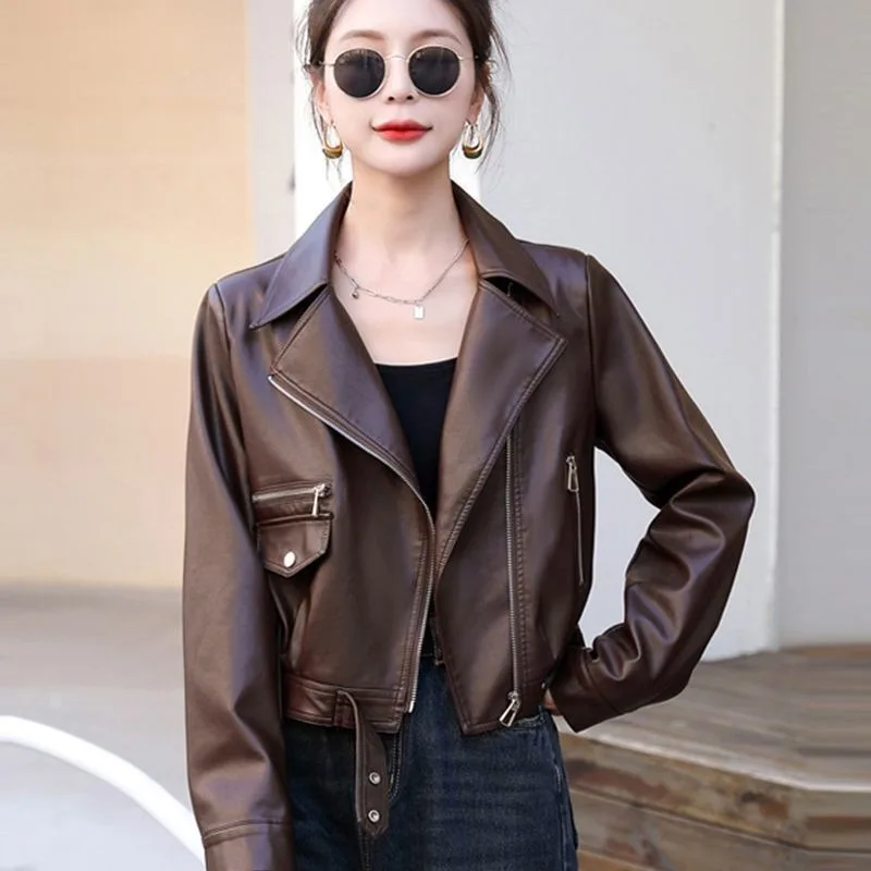 2026 Autumn New Fashion Leather Jacket Women Motorcycle Outwear Short Loose Elegant Pu Leather Suit Collar Coat Overcoat Female
