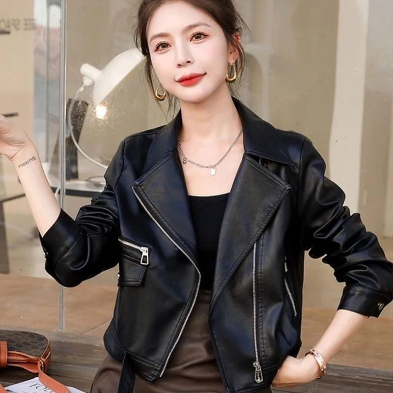 2026 Autumn New Fashion Leather Jacket Women Motorcycle Outwear Short Loose Elegant Pu Leather Suit Collar Coat Overcoat Female