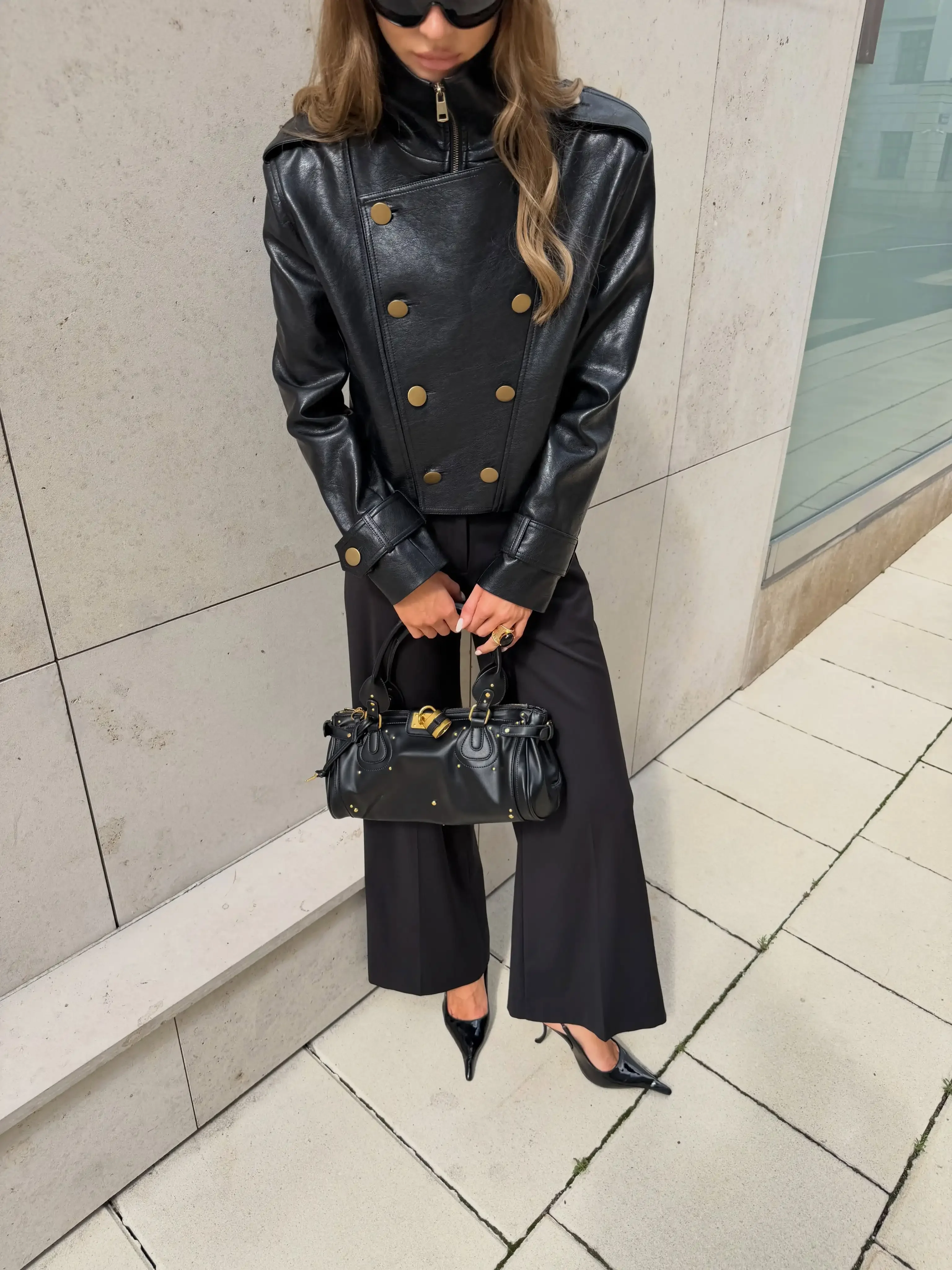 Women Black Faux Leather Cropped Jacket High Zip‑up Long Sleeve Gold Button Double‑breasted Moto Coat Autumn Winter Streetwear