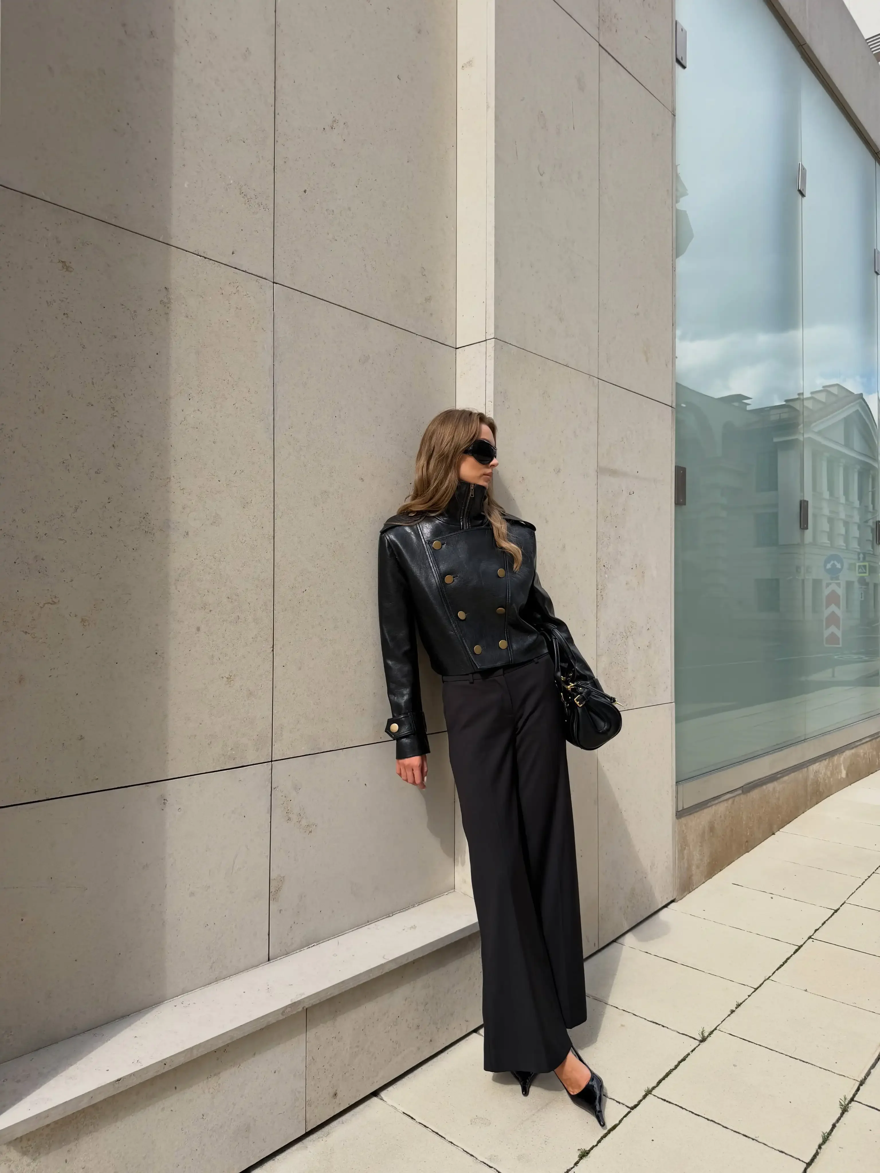 Women Black Faux Leather Cropped Jacket High Zip‑up Long Sleeve Gold Button Double‑breasted Moto Coat Autumn Winter Streetwear