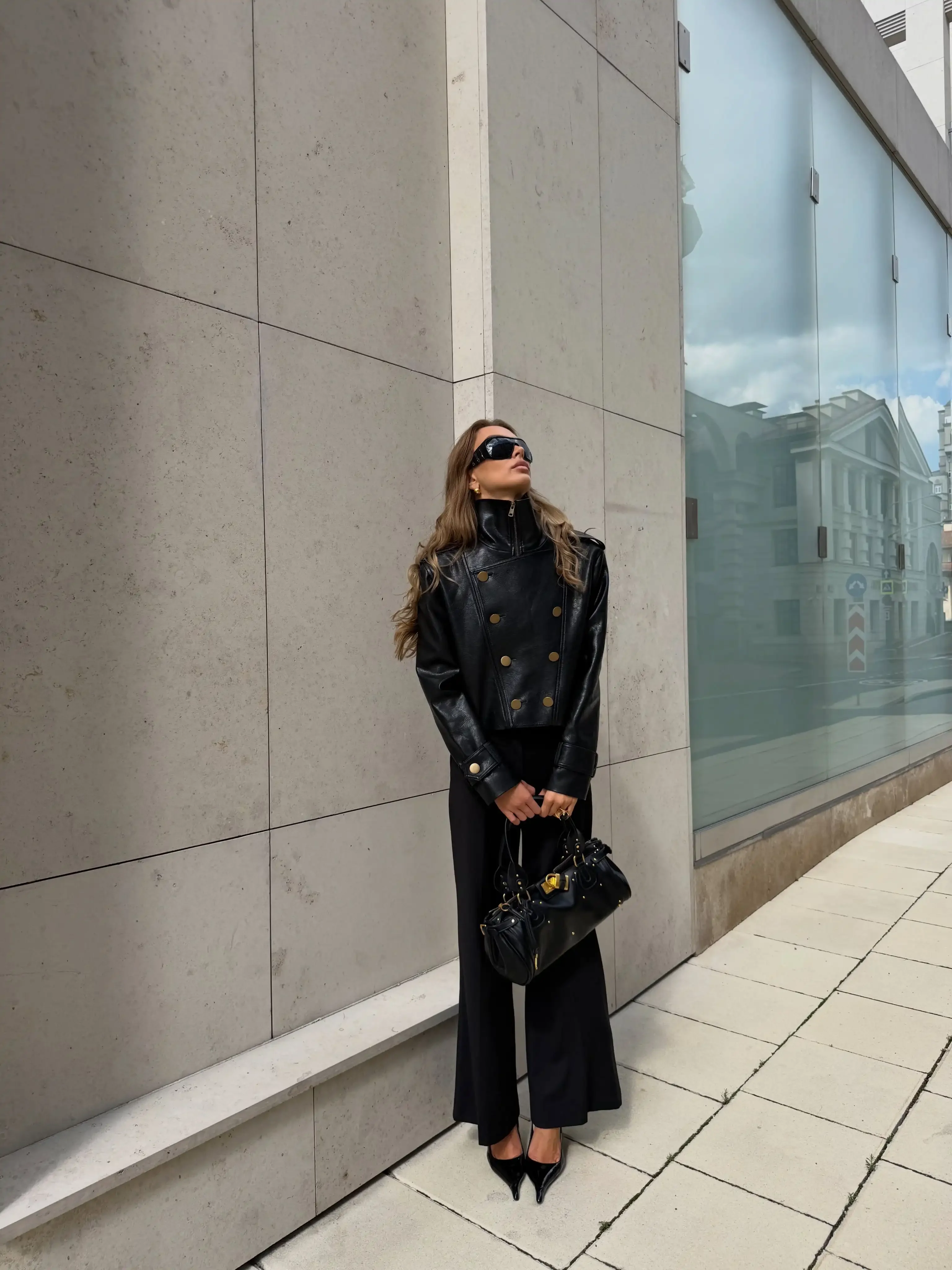 Women Black Faux Leather Cropped Jacket High Zip‑up Long Sleeve Gold Button Double‑breasted Moto Coat Autumn Winter Streetwear