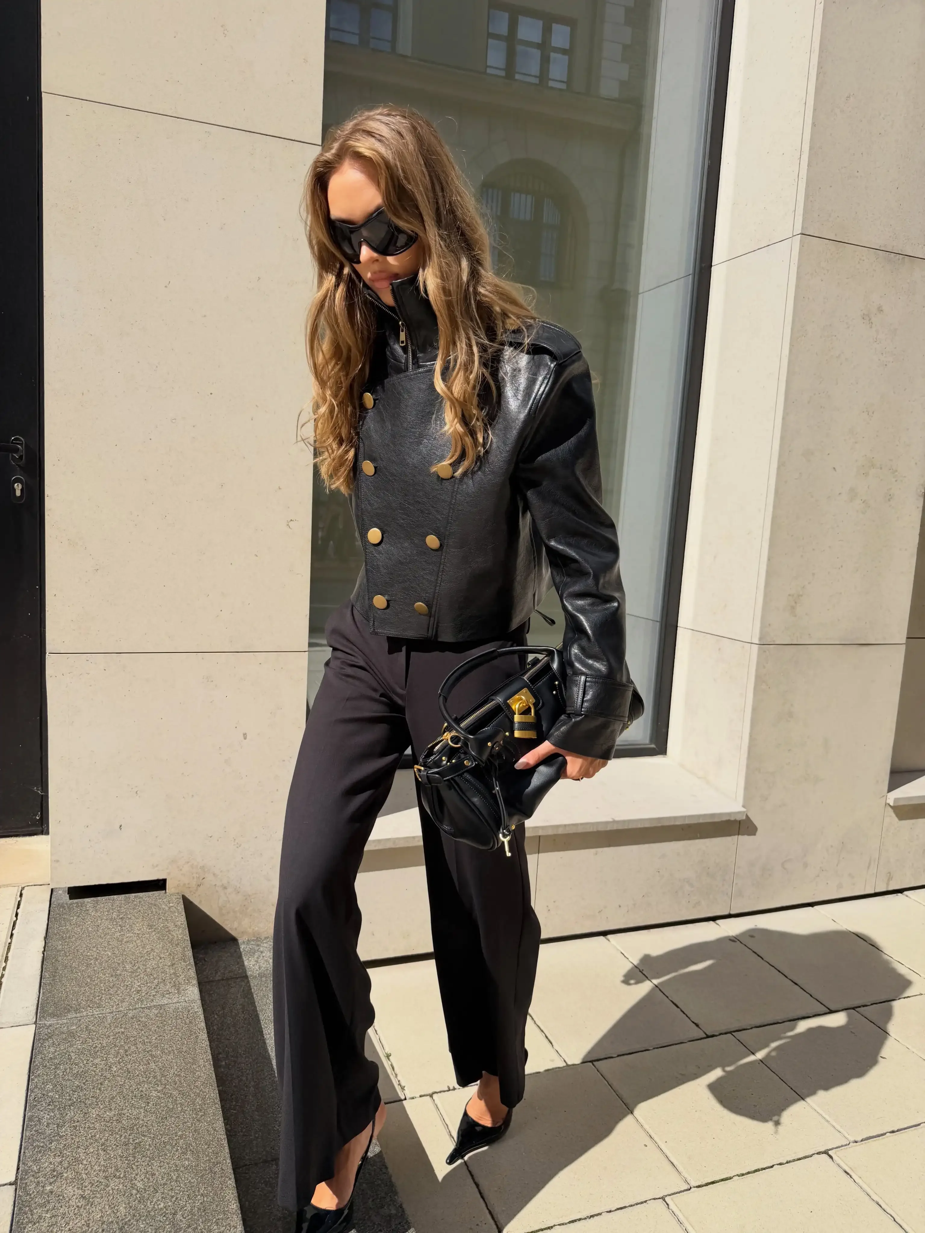 Women Black Faux Leather Cropped Jacket High Zip‑up Long Sleeve Gold Button Double‑breasted Moto Coat Autumn Winter Streetwear