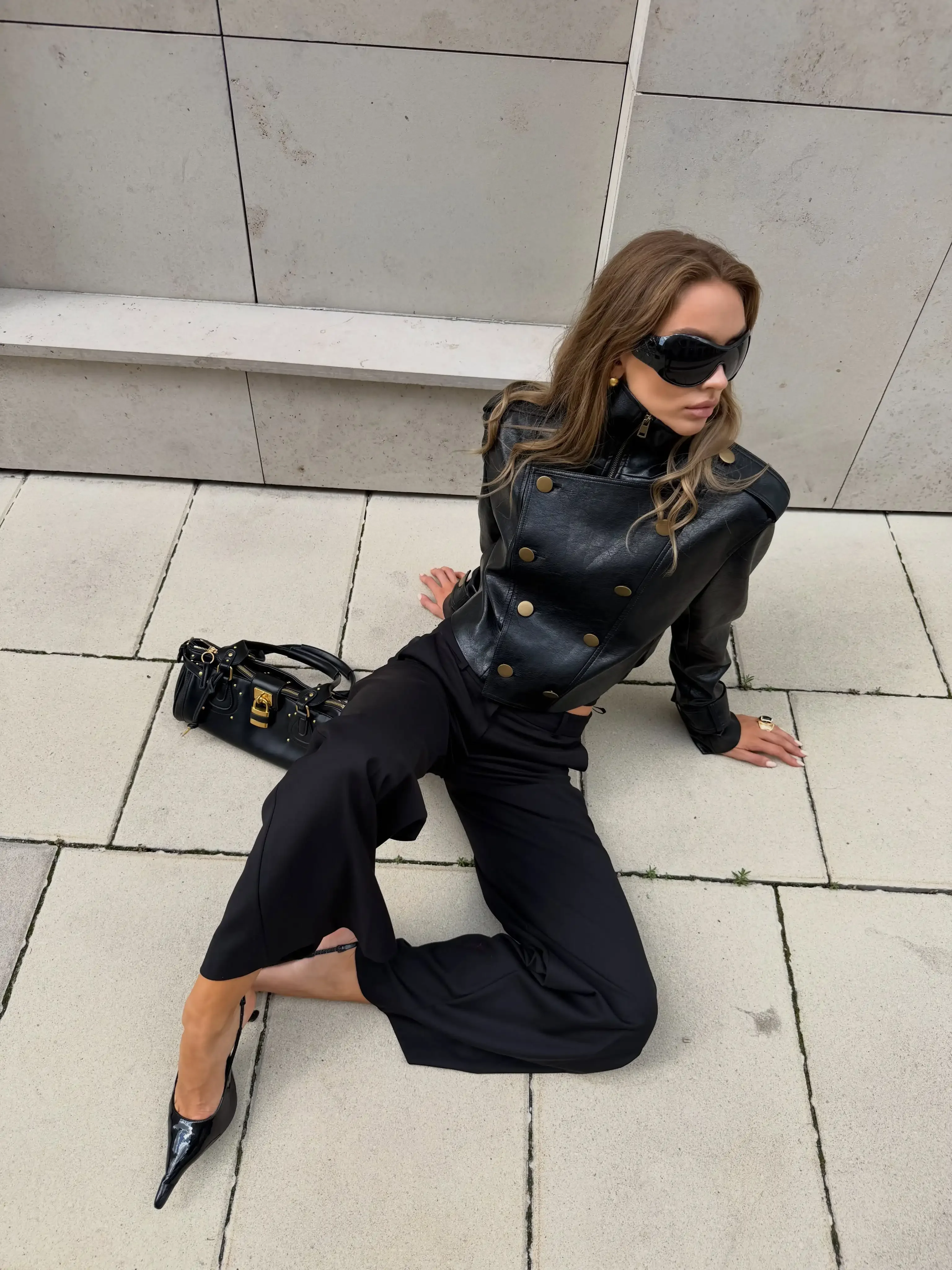 Women Black Faux Leather Cropped Jacket High Zip‑up Long Sleeve Gold Button Double‑breasted Moto Coat Autumn Winter Streetwear