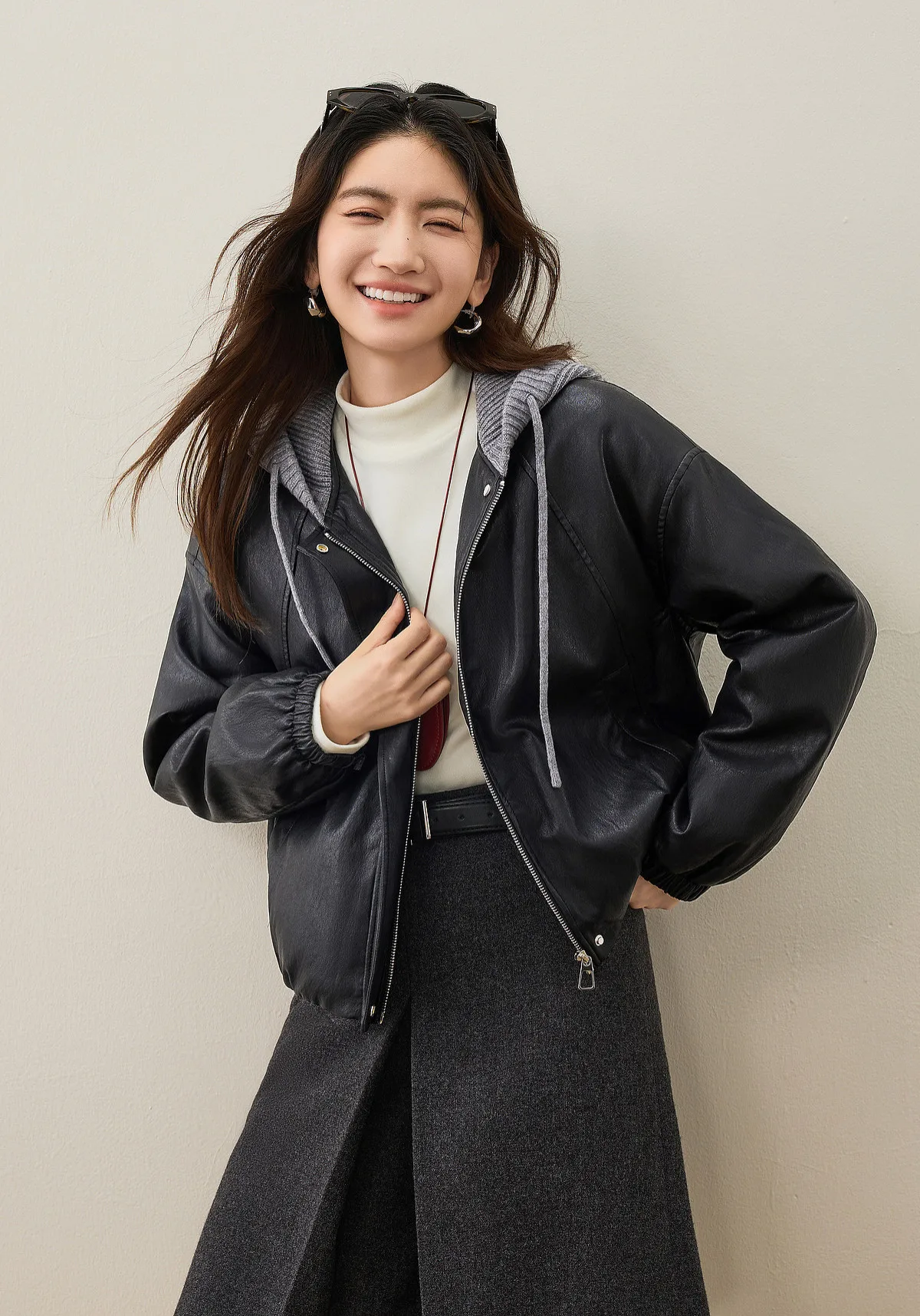 SENTUBILA Women Faux Leather Layered‑Look Biker Jacket Winter Color‑Block Drawstring Hooded Loose Outwear W64PD8107