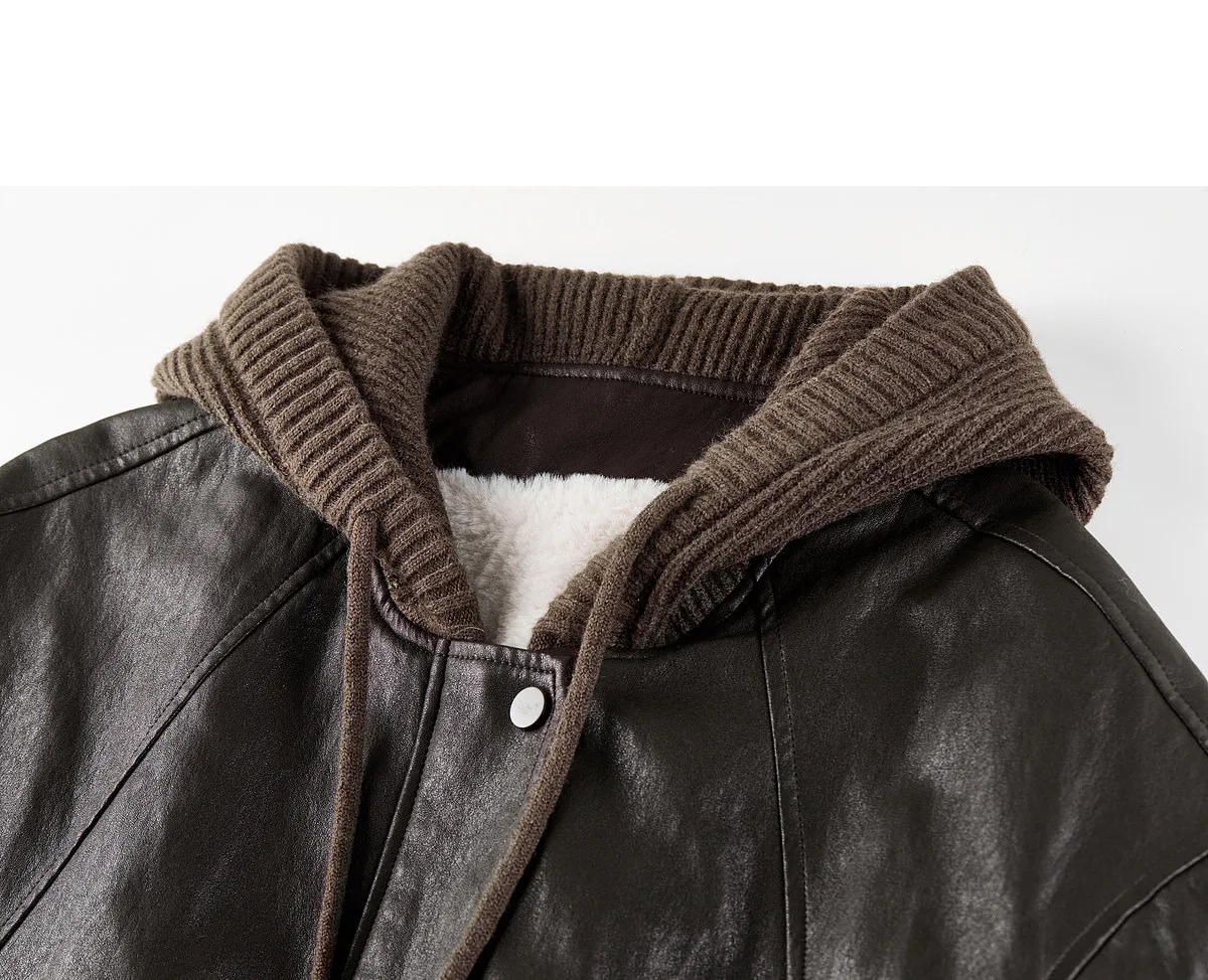 SENTUBILA Women Faux Leather Layered‑Look Biker Jacket Winter Color‑Block Drawstring Hooded Loose Outwear W64PD8107