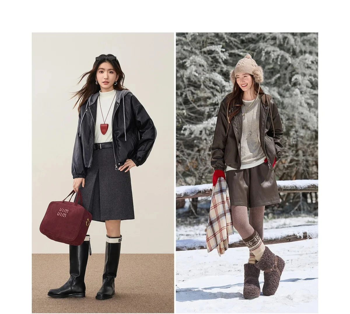 SENTUBILA Women Faux Leather Layered‑Look Biker Jacket Winter Color‑Block Drawstring Hooded Loose Outwear W64PD8107