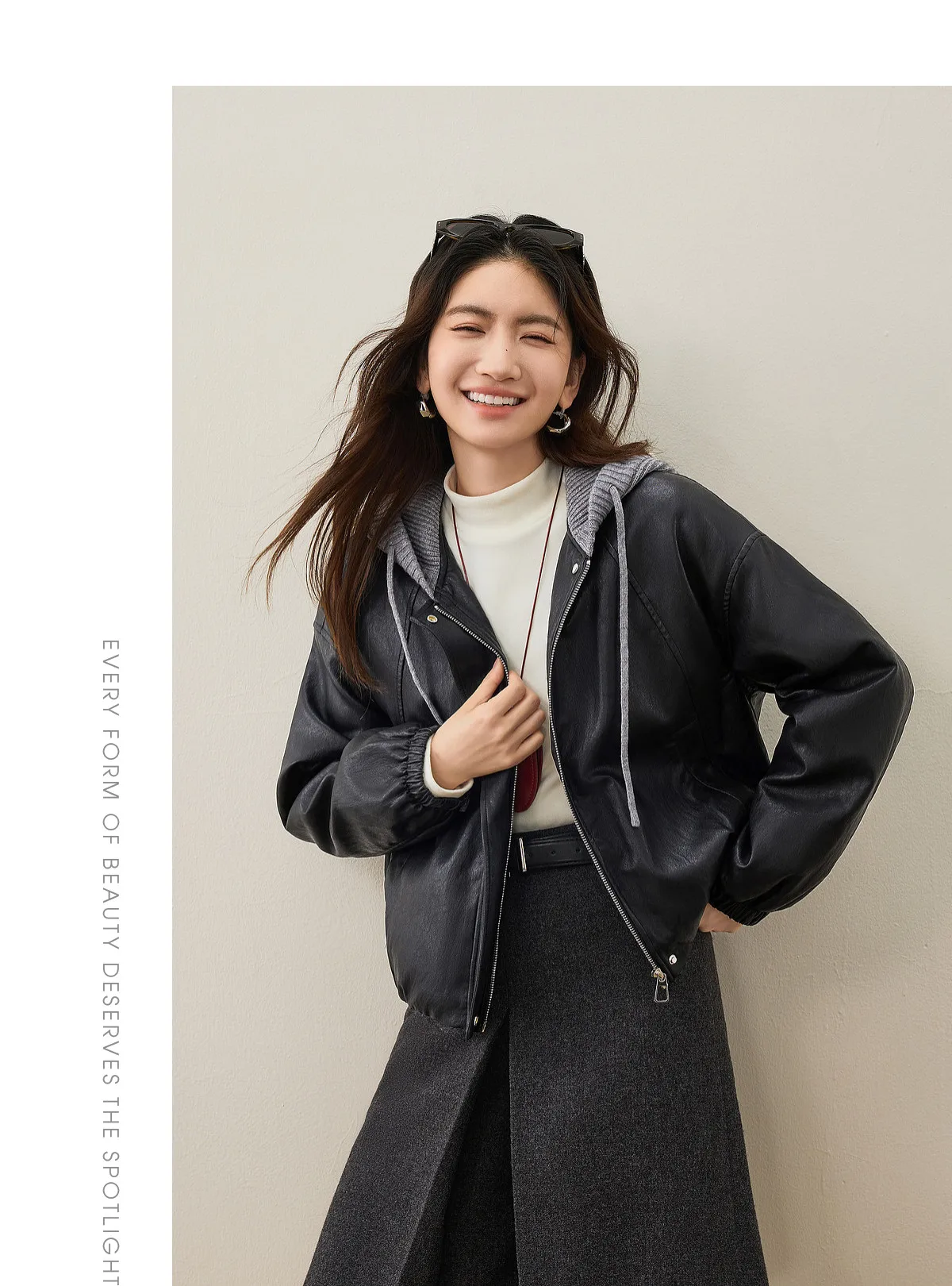 SENTUBILA Women Faux Leather Layered‑Look Biker Jacket Winter Color‑Block Drawstring Hooded Loose Outwear W64PD8107