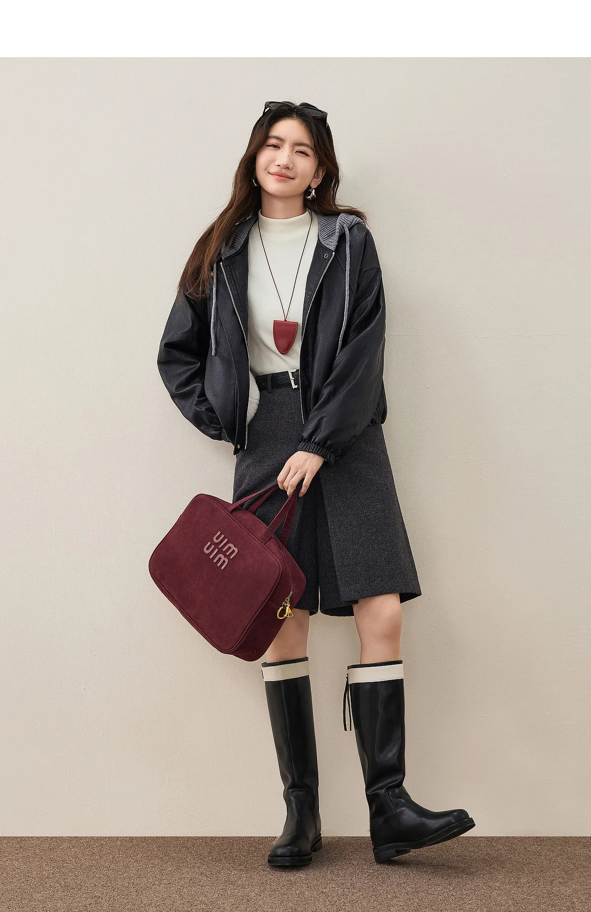 SENTUBILA Women Faux Leather Layered‑Look Biker Jacket Winter Color‑Block Drawstring Hooded Loose Outwear W64PD8107