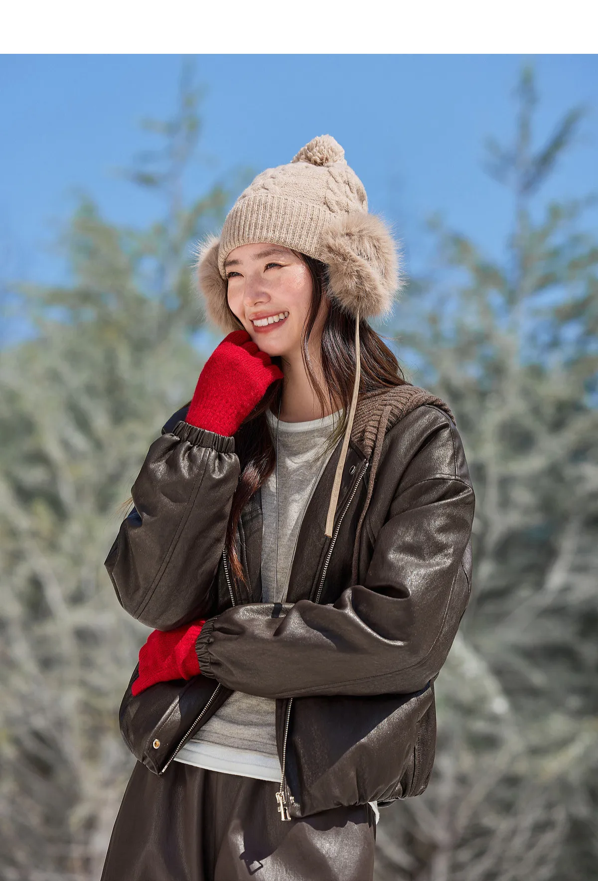 SENTUBILA Women Faux Leather Layered‑Look Biker Jacket Winter Color‑Block Drawstring Hooded Loose Outwear W64PD8107