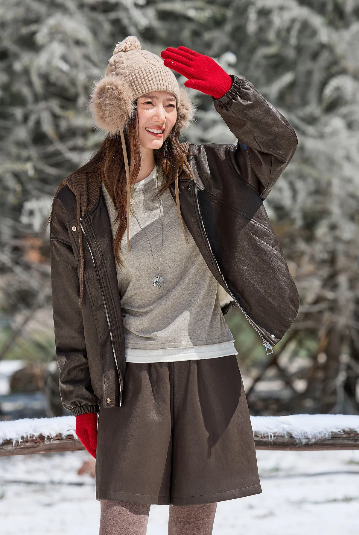 SENTUBILA Women Faux Leather Layered‑Look Biker Jacket Winter Color‑Block Drawstring Hooded Loose Outwear W64PD8107