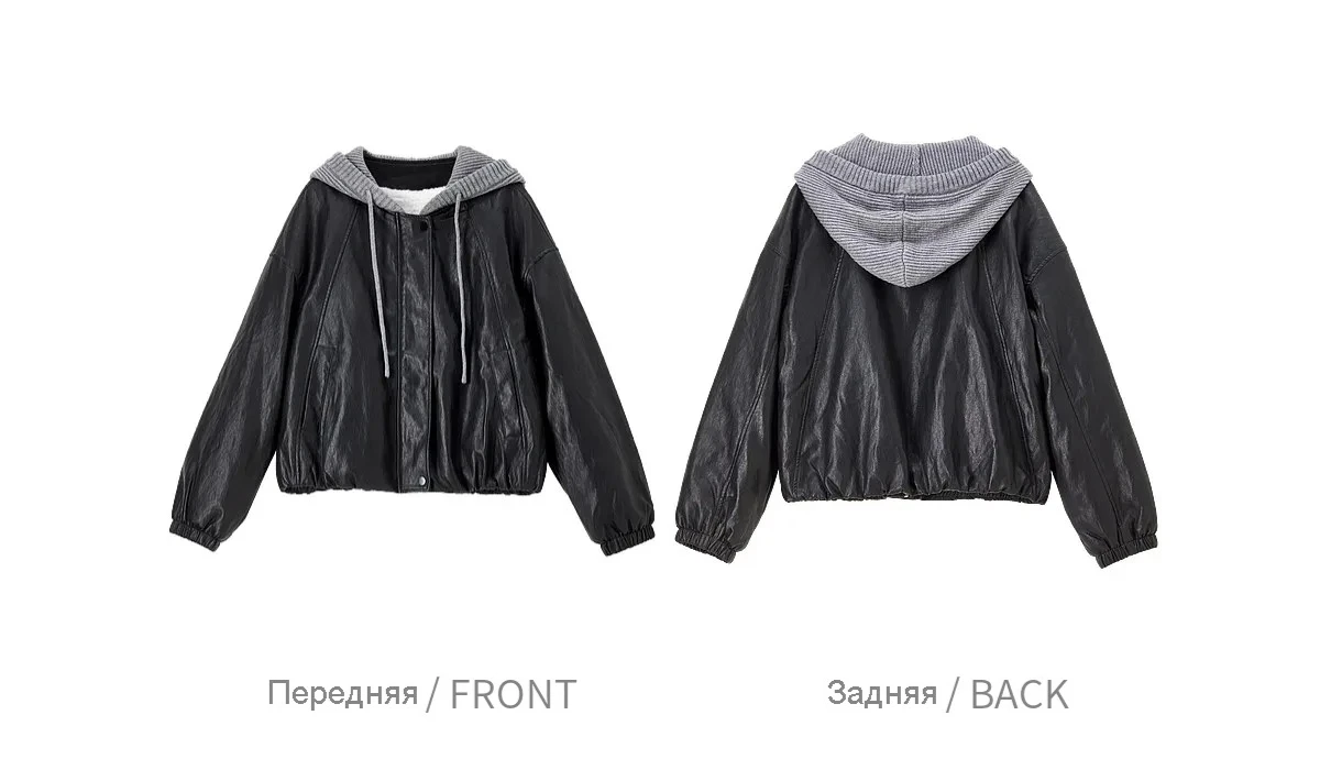 SENTUBILA Women Faux Leather Layered‑Look Biker Jacket Winter Color‑Block Drawstring Hooded Loose Outwear W64PD8107