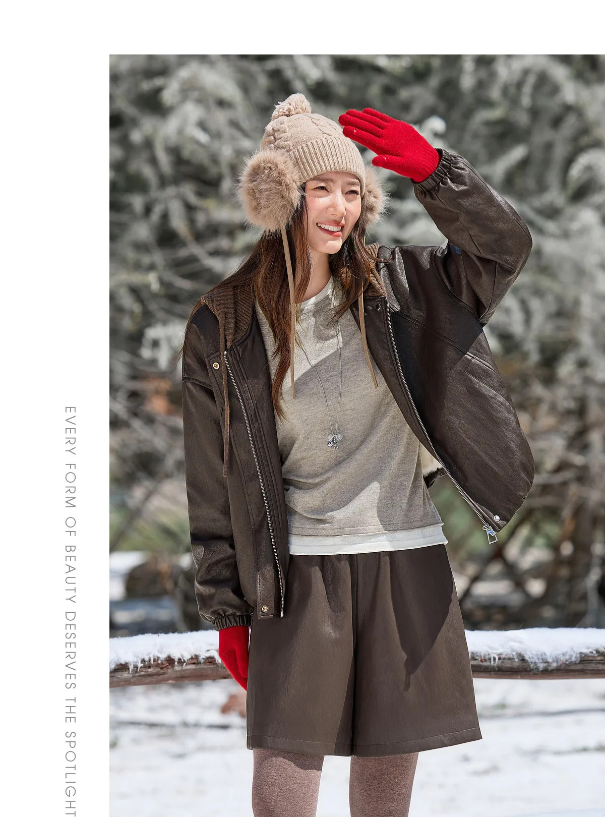 SENTUBILA Women Faux Leather Layered‑Look Biker Jacket Winter Color‑Block Drawstring Hooded Loose Outwear W64PD8107