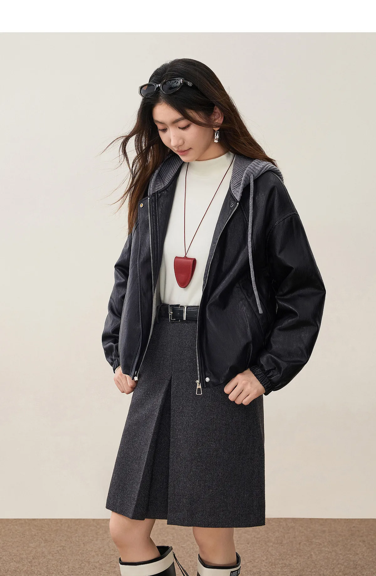 SENTUBILA Women Faux Leather Layered‑Look Biker Jacket Winter Color‑Block Drawstring Hooded Loose Outwear W64PD8107