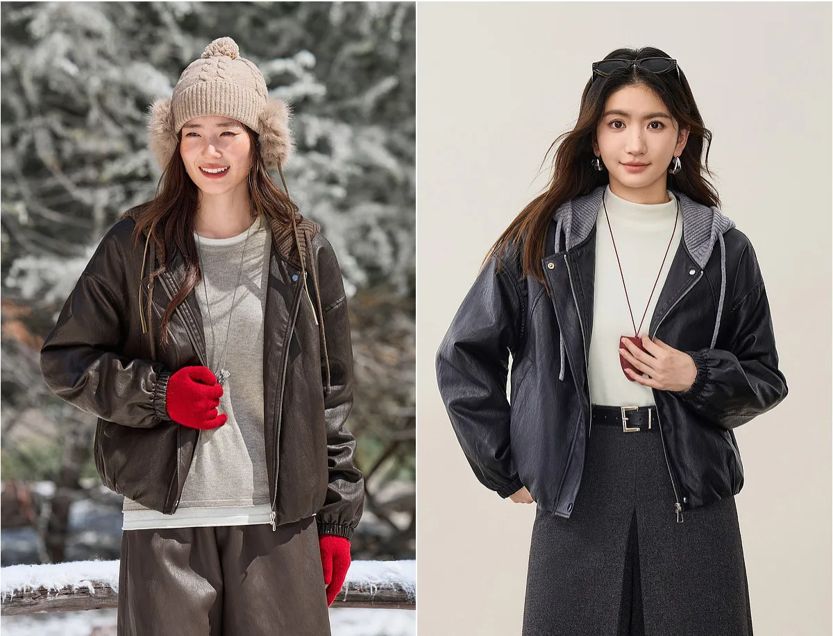 SENTUBILA Women Faux Leather Layered‑Look Biker Jacket Winter Color‑Block Drawstring Hooded Loose Outwear W64PD8107