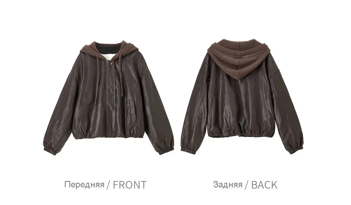 SENTUBILA Women Faux Leather Layered‑Look Biker Jacket Winter Color‑Block Drawstring Hooded Loose Outwear W64PD8107