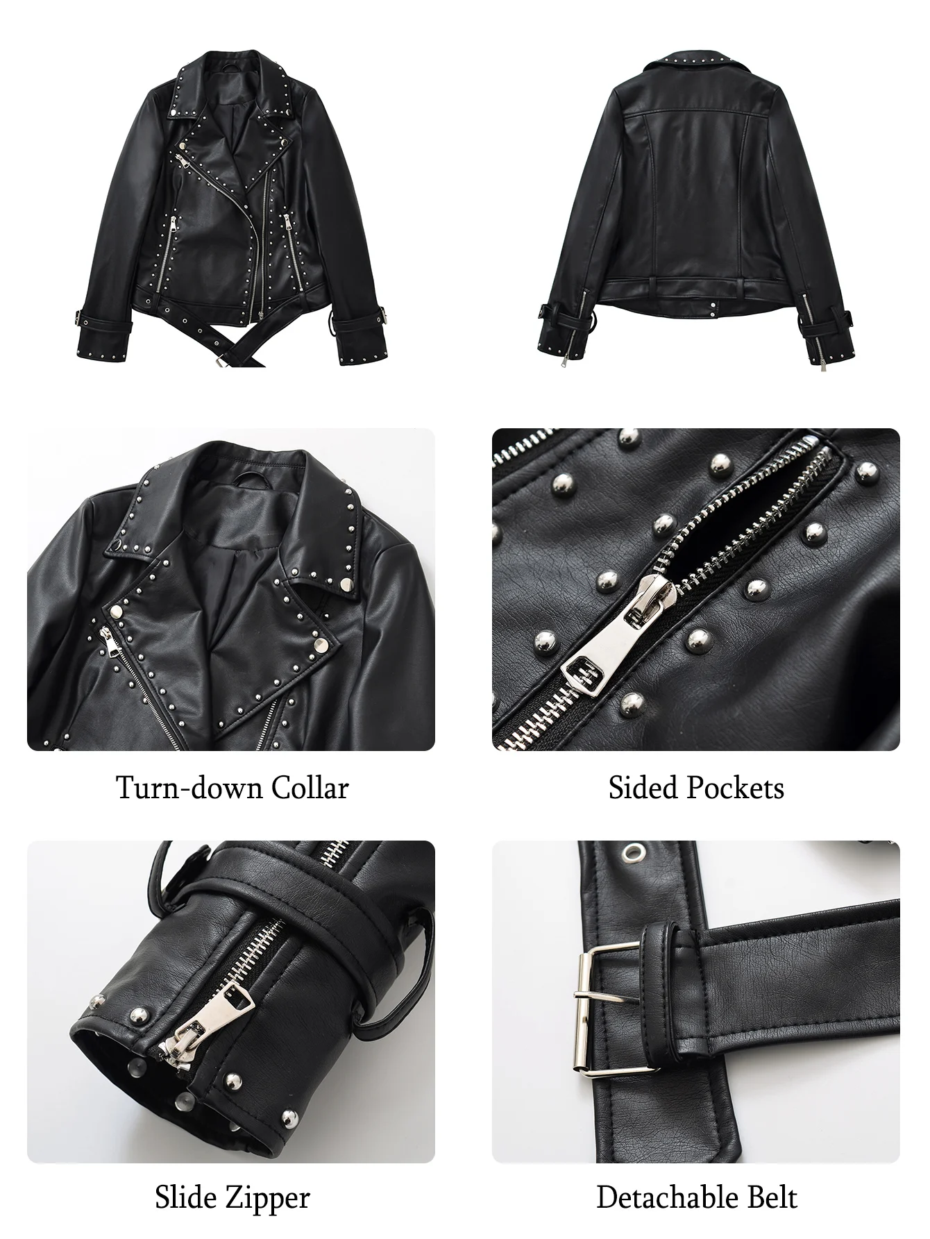 Women Faux Leather Jacket Studded Rivet Moto Biker Trendy Streetwear Punk Coat