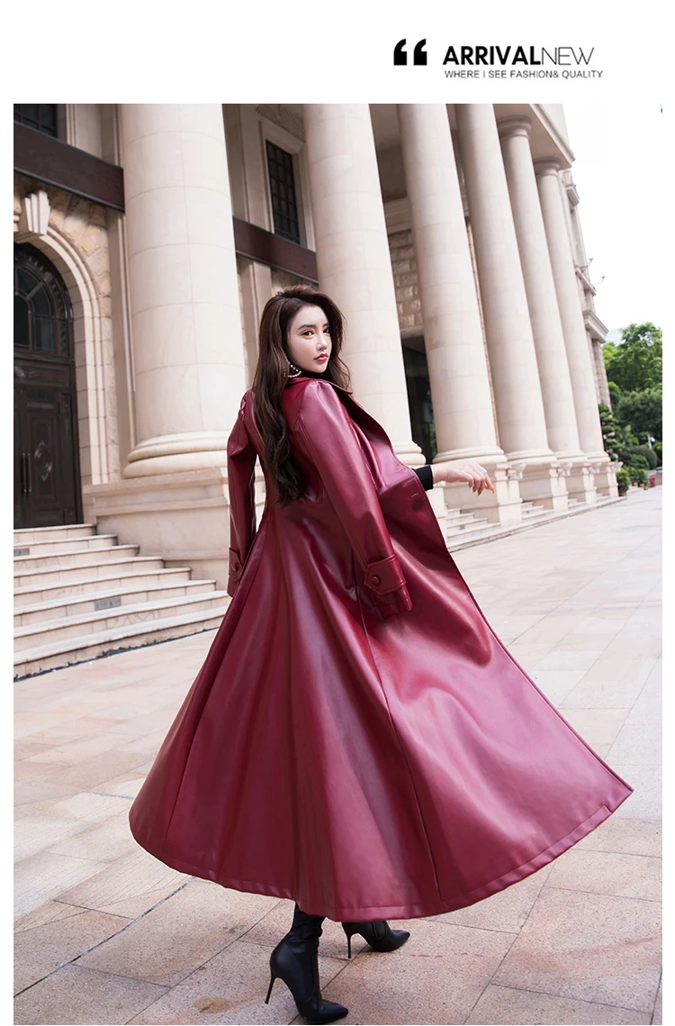 Nerazzurri Maxi Fit and Flare Leather Trench Coat for Women 2021 Spring Long Luxury Designer Clothing Women Long Sleeve Lapel