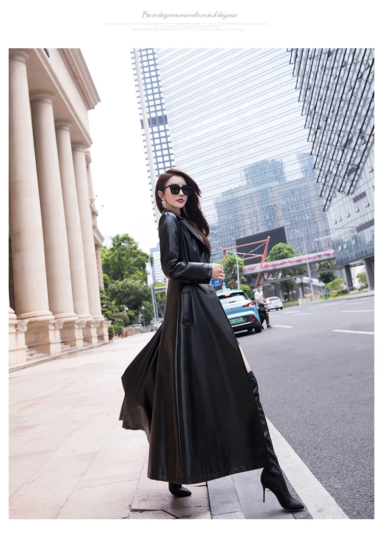 Nerazzurri Maxi Fit and Flare Leather Trench Coat for Women 2021 Spring Long Luxury Designer Clothing Women Long Sleeve Lapel