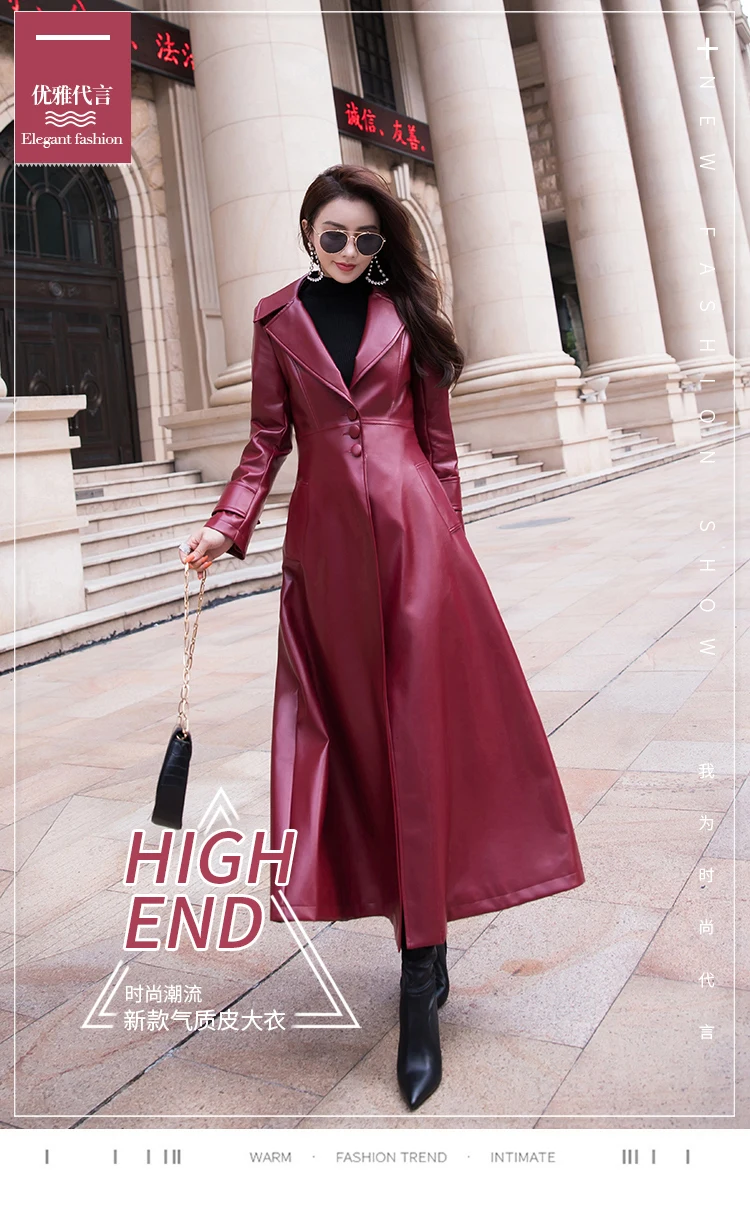 Nerazzurri Maxi Fit and Flare Leather Trench Coat for Women 2021 Spring Long Luxury Designer Clothing Women Long Sleeve Lapel
