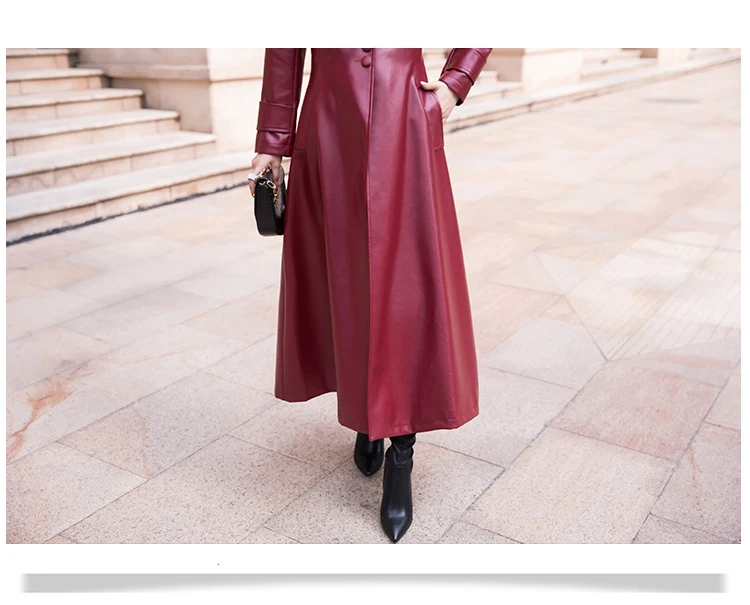 Nerazzurri Maxi Fit and Flare Leather Trench Coat for Women 2021 Spring Long Luxury Designer Clothing Women Long Sleeve Lapel