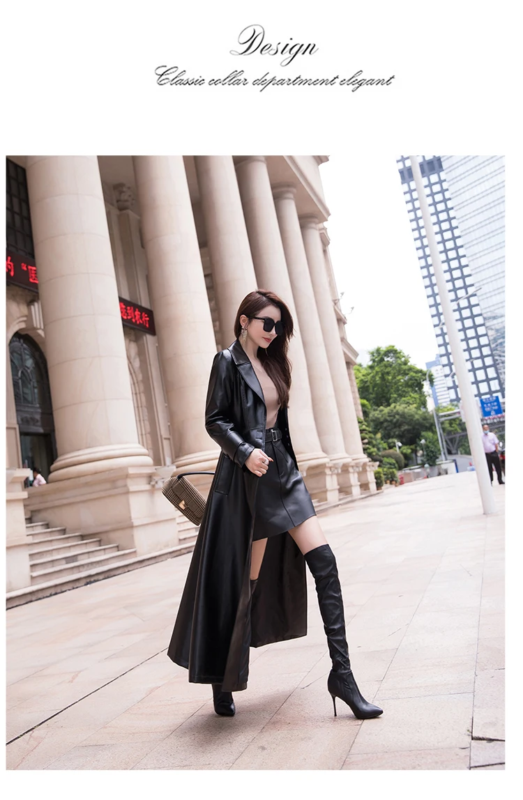 Nerazzurri Maxi Fit and Flare Leather Trench Coat for Women 2021 Spring Long Luxury Designer Clothing Women Long Sleeve Lapel
