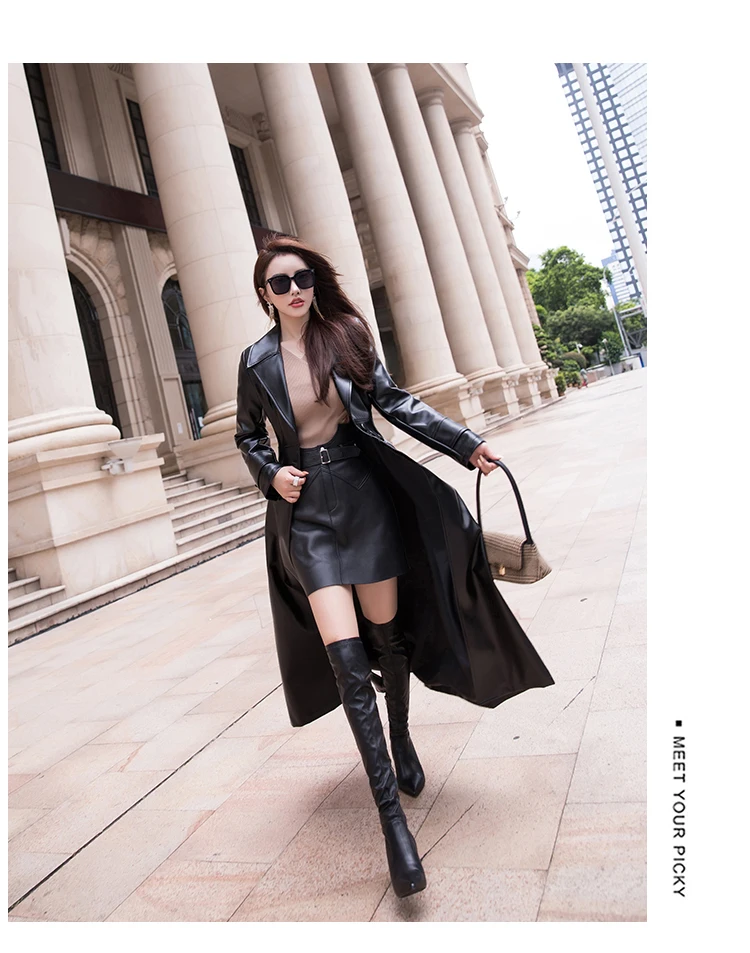 Nerazzurri Maxi Fit and Flare Leather Trench Coat for Women 2021 Spring Long Luxury Designer Clothing Women Long Sleeve Lapel