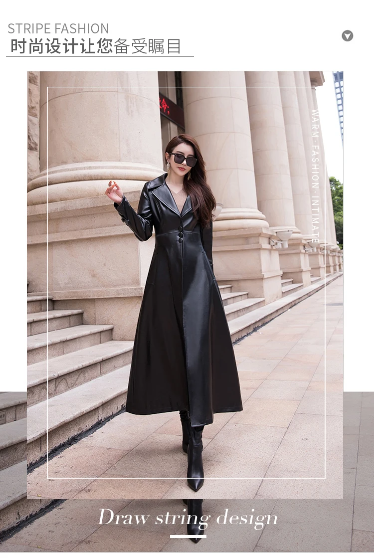 Nerazzurri Maxi Fit and Flare Leather Trench Coat for Women 2021 Spring Long Luxury Designer Clothing Women Long Sleeve Lapel