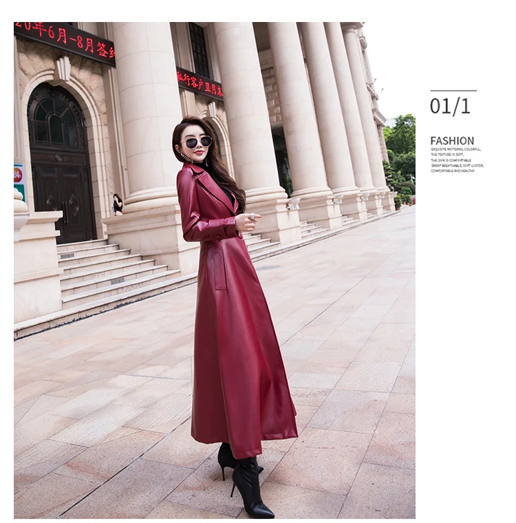 Nerazzurri Maxi Fit and Flare Leather Trench Coat for Women 2021 Spring Long Luxury Designer Clothing Women Long Sleeve Lapel