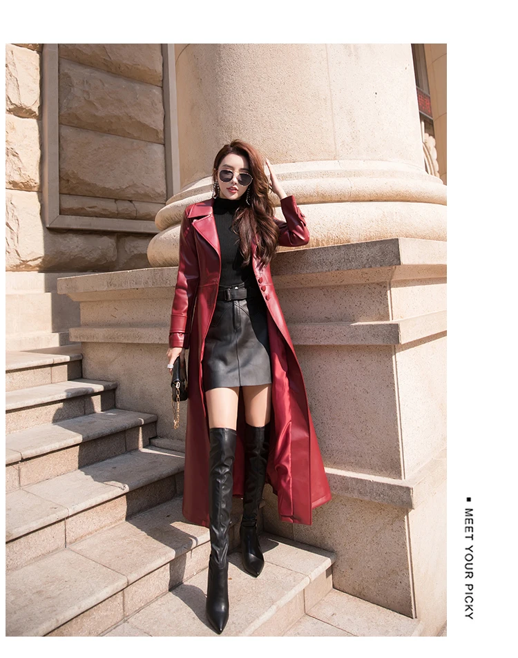 Nerazzurri Maxi Fit and Flare Leather Trench Coat for Women 2021 Spring Long Luxury Designer Clothing Women Long Sleeve Lapel