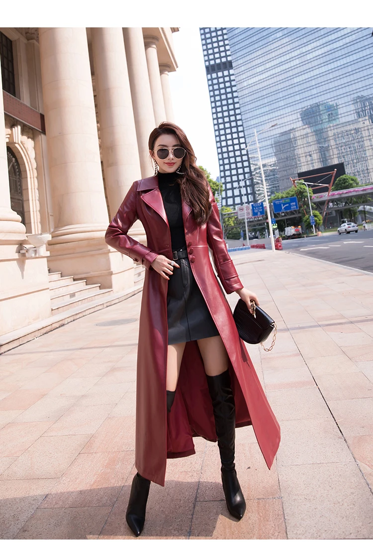 Nerazzurri Maxi Fit and Flare Leather Trench Coat for Women 2021 Spring Long Luxury Designer Clothing Women Long Sleeve Lapel