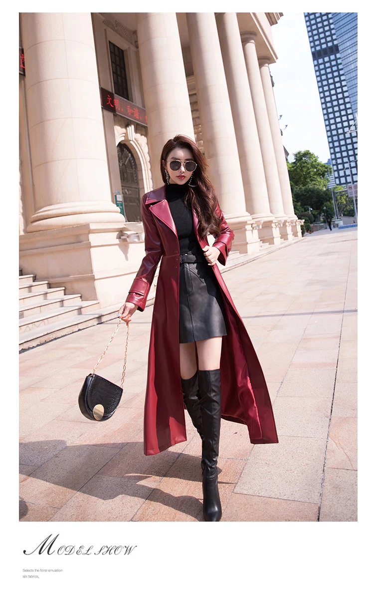Nerazzurri Maxi Fit and Flare Leather Trench Coat for Women 2021 Spring Long Luxury Designer Clothing Women Long Sleeve Lapel