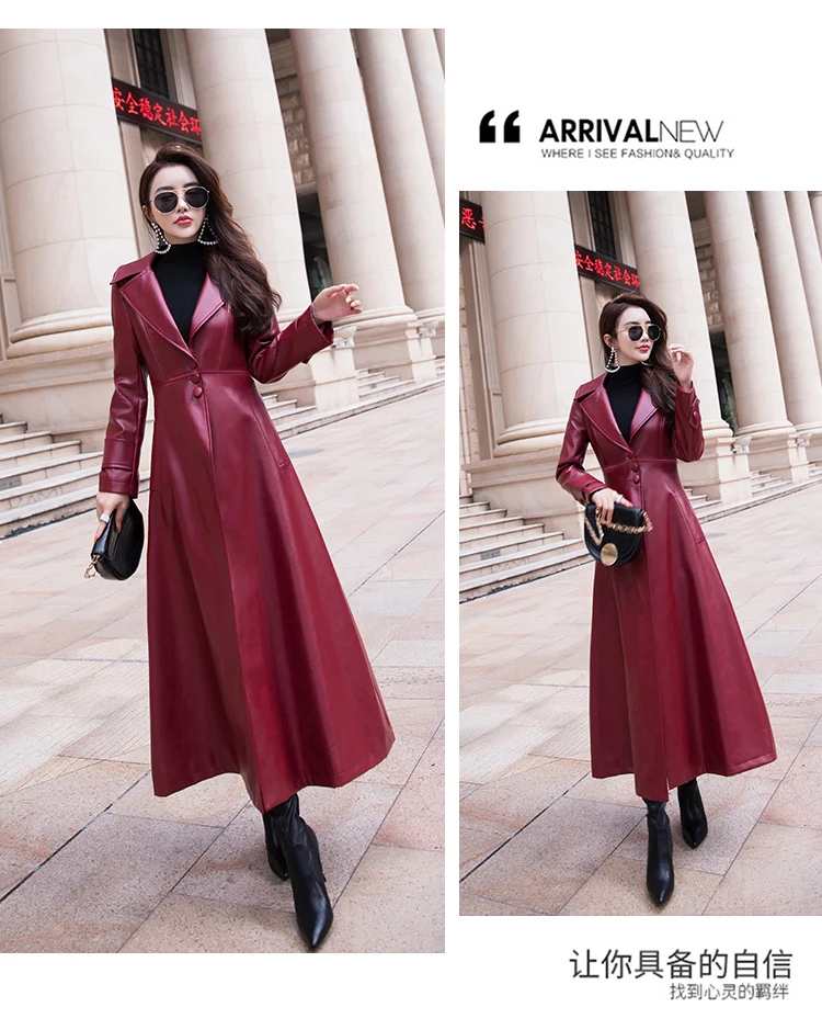 Nerazzurri Maxi Fit and Flare Leather Trench Coat for Women 2021 Spring Long Luxury Designer Clothing Women Long Sleeve Lapel