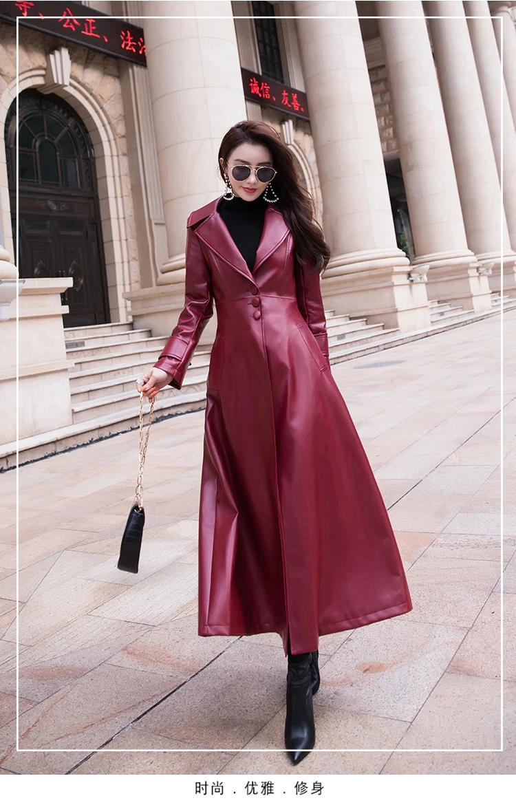 Nerazzurri Maxi Fit and Flare Leather Trench Coat for Women 2021 Spring Long Luxury Designer Clothing Women Long Sleeve Lapel
