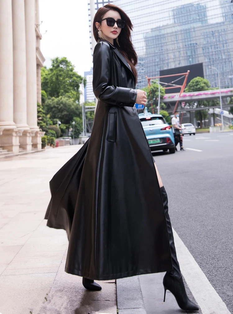Nerazzurri Maxi Fit and Flare Leather Trench Coat for Women 2021 Spring Long Luxury Designer Clothing Women Long Sleeve Lapel