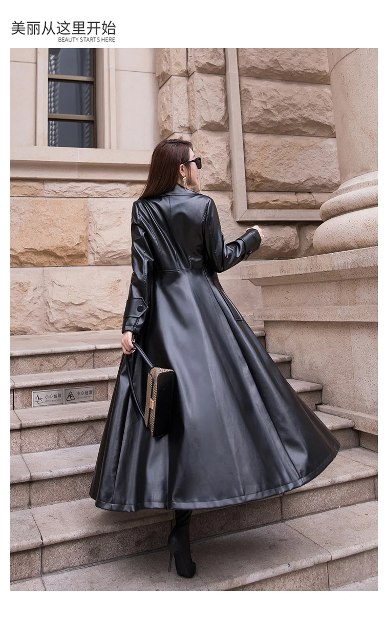 Nerazzurri Maxi Fit and Flare Leather Trench Coat for Women 2021 Spring Long Luxury Designer Clothing Women Long Sleeve Lapel