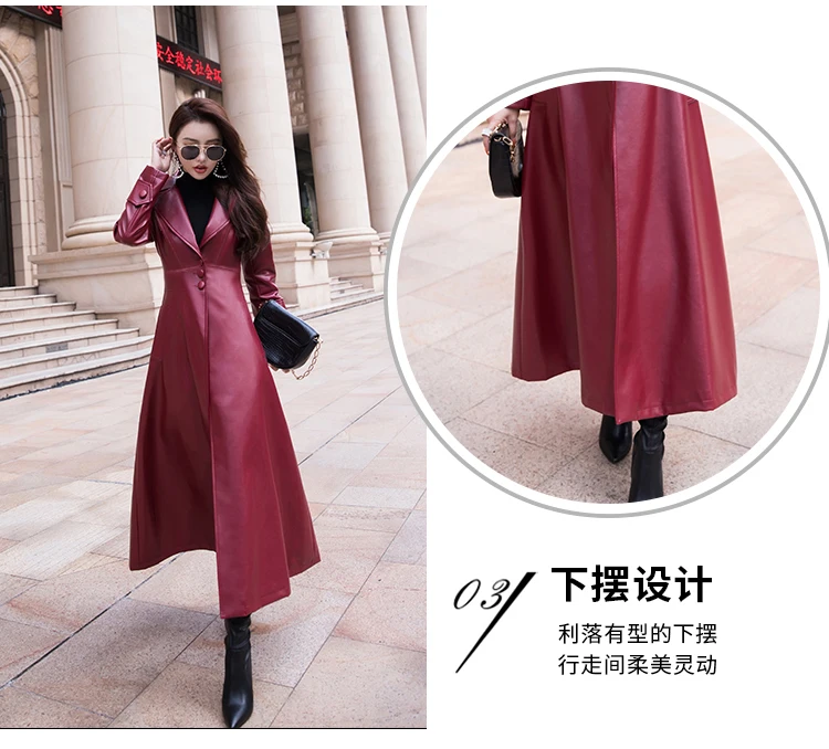 Nerazzurri Maxi Fit and Flare Leather Trench Coat for Women 2021 Spring Long Luxury Designer Clothing Women Long Sleeve Lapel