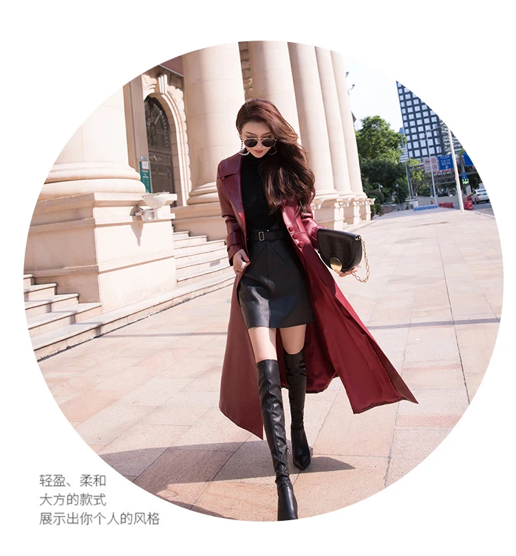 Nerazzurri Maxi Fit and Flare Leather Trench Coat for Women 2021 Spring Long Luxury Designer Clothing Women Long Sleeve Lapel
