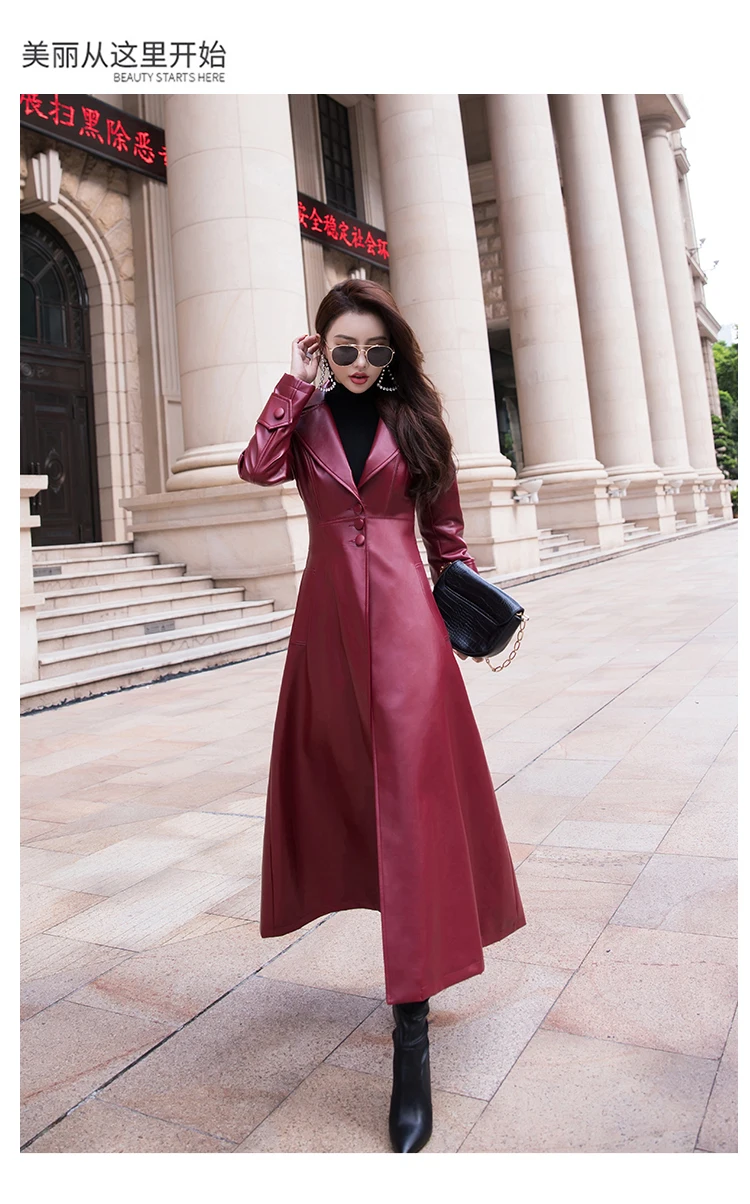 Nerazzurri Maxi Fit and Flare Leather Trench Coat for Women 2021 Spring Long Luxury Designer Clothing Women Long Sleeve Lapel