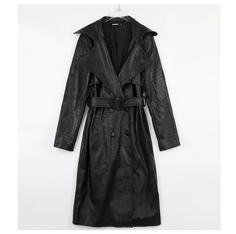 Nerazzurri Autumn Long Loose Red Crocodile Print Leather Trench Coat for Women Belt Double Breasted Waterproof Raincoat Fashion