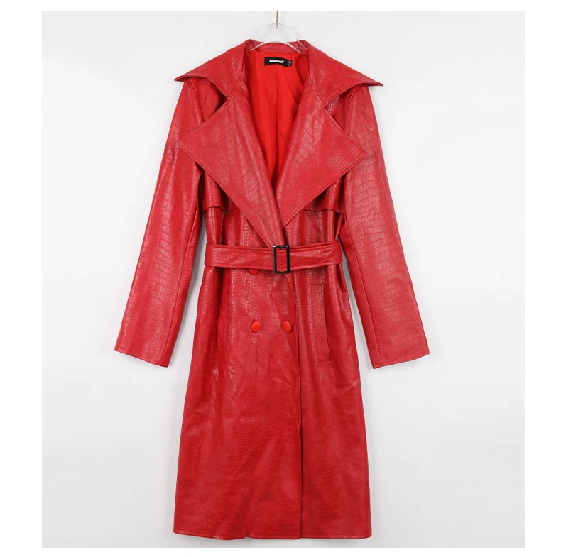 Nerazzurri Autumn Long Loose Red Crocodile Print Leather Trench Coat for Women Belt Double Breasted Waterproof Raincoat Fashion