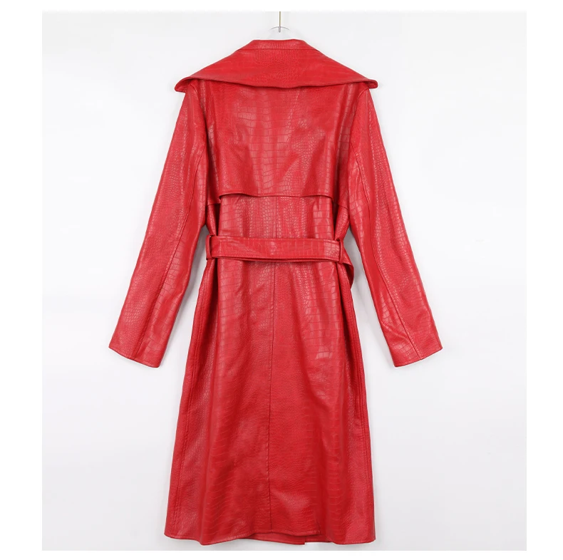 Nerazzurri Autumn Long Loose Red Crocodile Print Leather Trench Coat for Women Belt Double Breasted Waterproof Raincoat Fashion