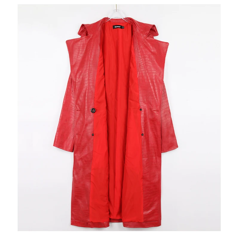 Nerazzurri Autumn Long Loose Red Crocodile Print Leather Trench Coat for Women Belt Double Breasted Waterproof Raincoat Fashion