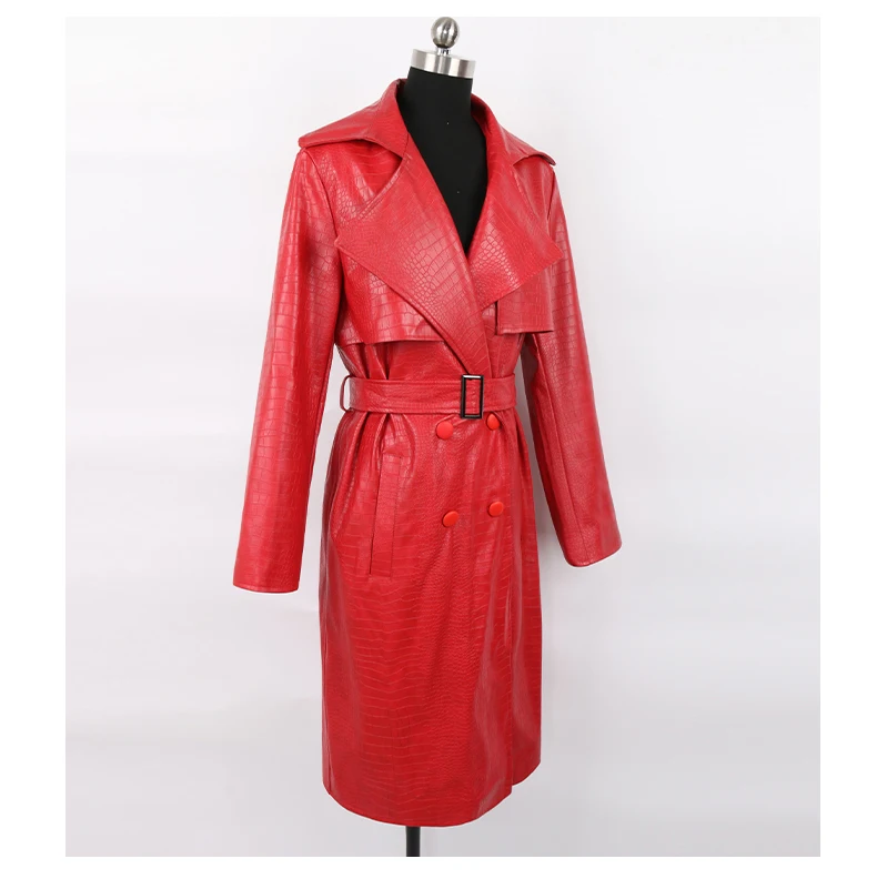 Nerazzurri Autumn Long Loose Red Crocodile Print Leather Trench Coat for Women Belt Double Breasted Waterproof Raincoat Fashion