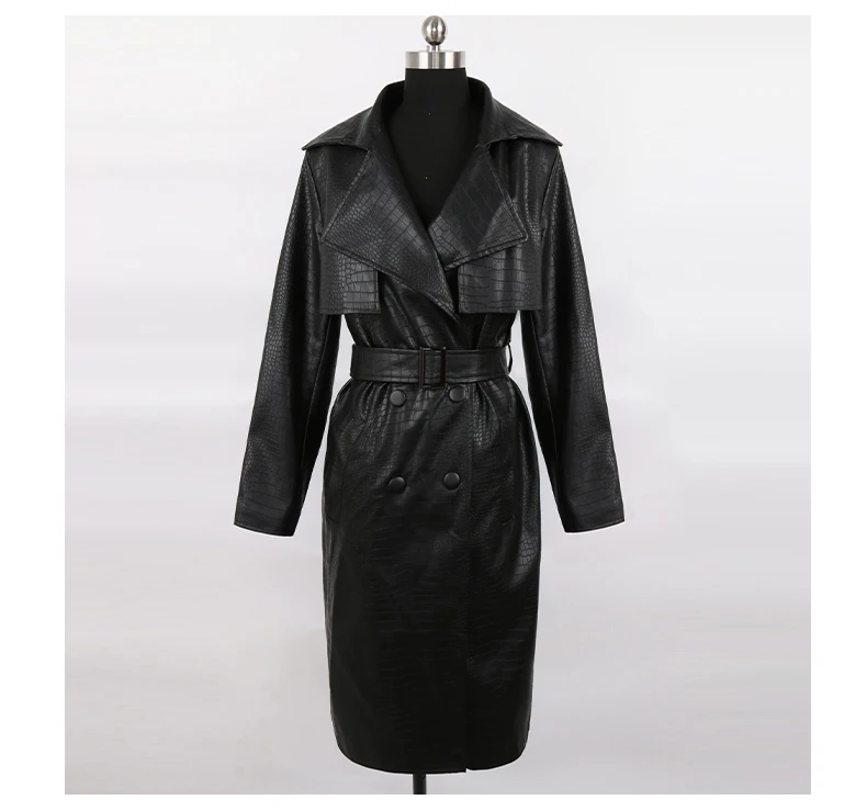 Nerazzurri Autumn Long Loose Red Crocodile Print Leather Trench Coat for Women Belt Double Breasted Waterproof Raincoat Fashion