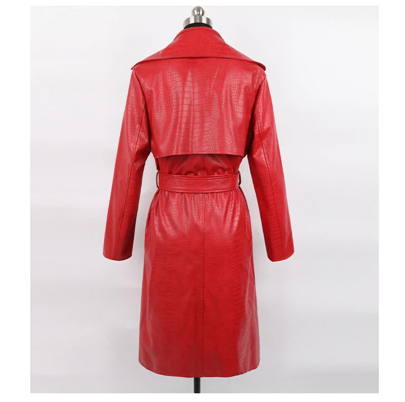 Nerazzurri Autumn Long Loose Red Crocodile Print Leather Trench Coat for Women Belt Double Breasted Waterproof Raincoat Fashion