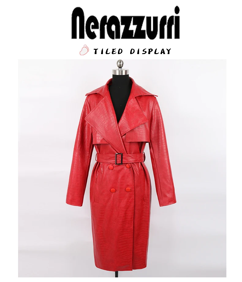 Nerazzurri Autumn Long Loose Red Crocodile Print Leather Trench Coat for Women Belt Double Breasted Waterproof Raincoat Fashion