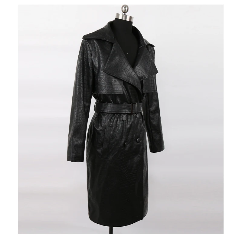 Nerazzurri Autumn Long Loose Red Crocodile Print Leather Trench Coat for Women Belt Double Breasted Waterproof Raincoat Fashion