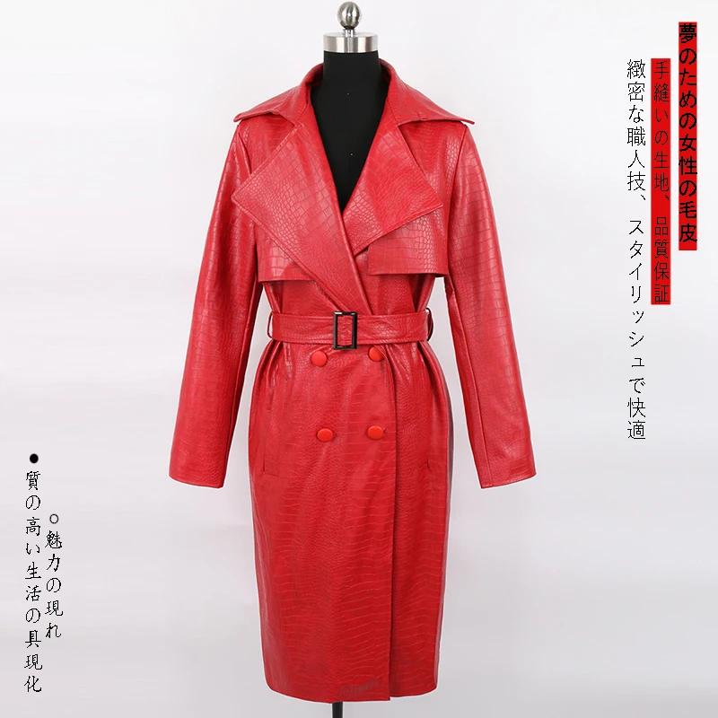 Nerazzurri Autumn Long Loose Red Crocodile Print Leather Trench Coat for Women Belt Double Breasted Waterproof Raincoat Fashion