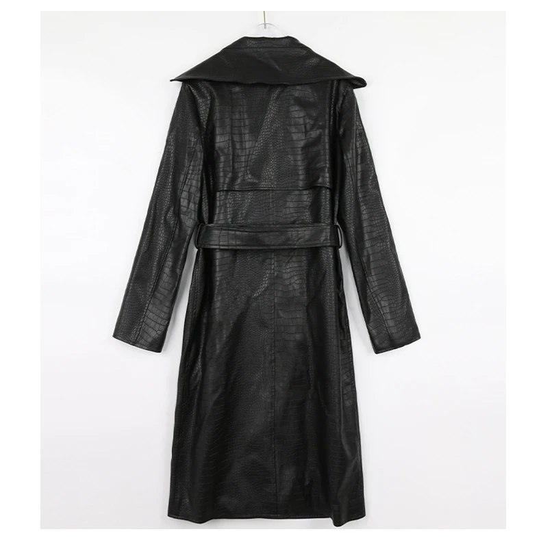 Nerazzurri Autumn Long Loose Red Crocodile Print Leather Trench Coat for Women Belt Double Breasted Waterproof Raincoat Fashion